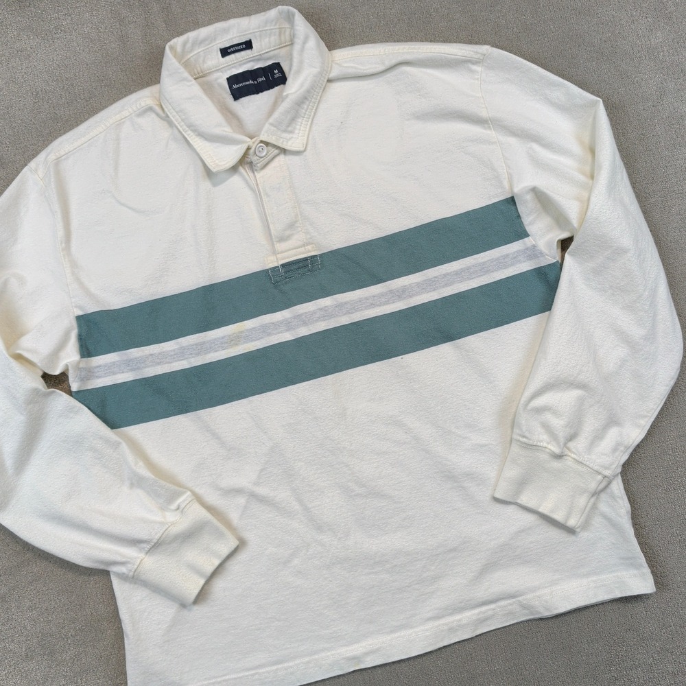 Abercrombie & Fitch Rugby Polo Shirt Mens M Oversized White Green Stripe Cotton